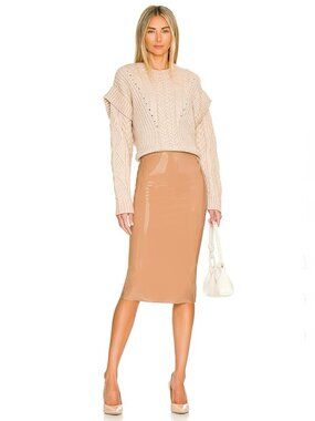 COMMANDO Tan Brown Faux Patent Leather Shiny Vinyl Pencil Skirt, Size XS